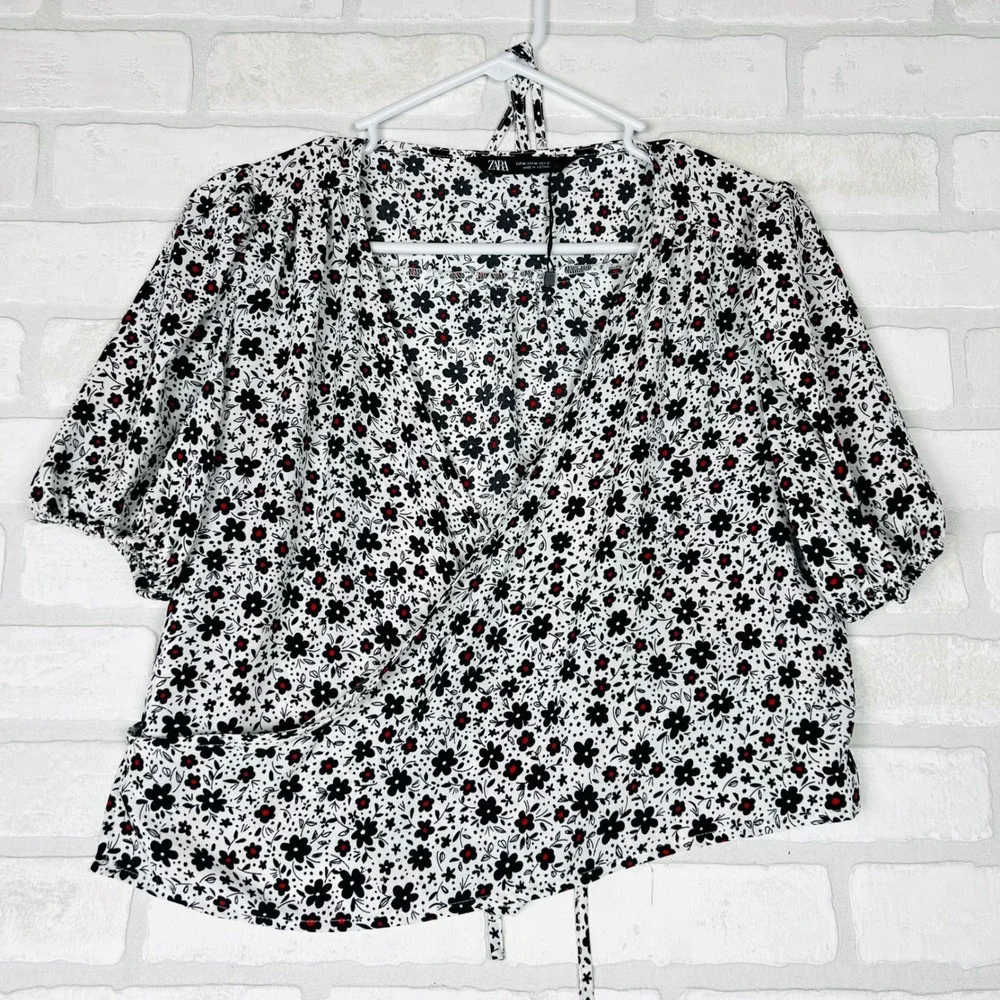 Zara Womens Floral Wrap Top White Black Red Ditsy Puff Sleeve Blouse Medium